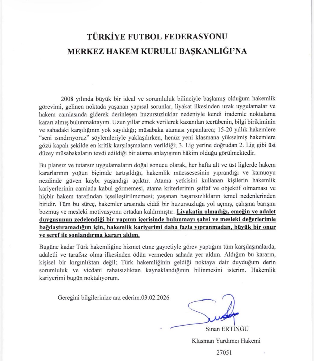 Gördüğüm lüzum üzerine hakemlik kariyerimi noktalıyorum.

<a href="/firataydinus/">Fırat Aydınus</a> <a href="/AliTuna40/">Ali Tuna</a>  <a href="/muratftanirli/">Murat Fevzi TANIRLI</a>  <a href="/ofunal/">Ömer Faruk Ünal</a> <a href="/SerdarAkcer/">Serdar AKÇER</a> <a href="/metintokat/">Metin TOKAT</a> <a href="/mtahirkum/">Tahir KUM</a> <a href="/mustafaculcu_/">Mustafa Çulcu</a> <a href="/hakanceylantv/">Hakan CEYLAN</a> <a href="/atigoll/">Atilla Türker</a> <a href="/dabitnel/">Deniz Ateş BİTNEL</a> <a href="/huseyinozkok/">Hüseyin Özkök 🇹🇷102🇹🇷</a> <a href="/aygunozipek/">Aygün Özipek</a> <a href="/alikunak/">Ali KUNAK</a>