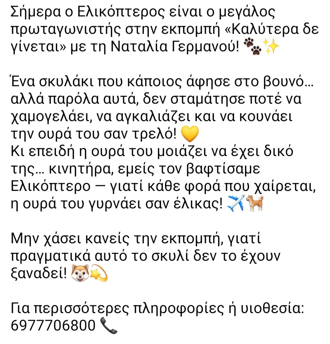 🆘️🆘️🆘️
Τον ονόμασαν Ελικόπτερο γτ κάθε φορά που βλέπει άνθρωπο δν σταματάει να κουνάει σαν τρελός την ουρά απο τη χαρά του παρόλο που έχει περάσει πολλά
Δίνεται για υιοθεσία ο κούκλος 
Για παραπάνω πληροφορίες επικοινωνία με το τηλ 
Rt 🙏 🙏 🙏