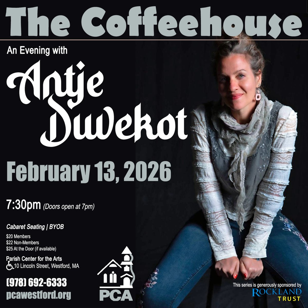 <a href="/PCAWestford/">Parish Center for the Arts (PCA)</a> welcomes <a href="/antjeduvekot/">Antje Duvekot</a> to the Coffeehouse 2/13 at 7:30pm.  Grab your tickets soon! parisharts.square.site/shop/pca-coffe…