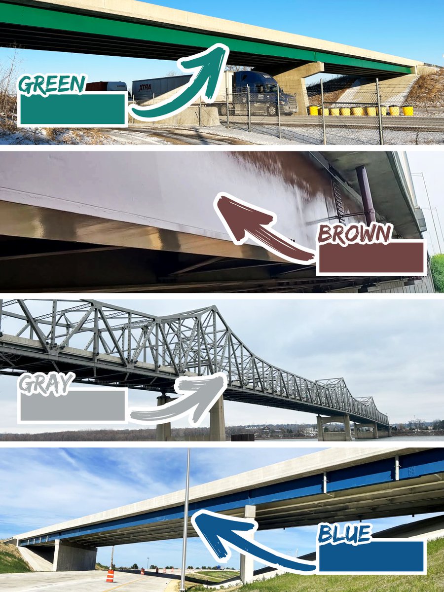 IDOT_Illinois's tweet photo. DYK: Steel beams on Illinois bridges are painted blue, green, gray, or brown—unless it’s a stone-colored precast girder. Some river crossings, like Peoria’s I-74 Murray Baker Bridge, feature colors chosen with community input. Learn more: https://t.co/7mTNnULJ1C https://t.co/Oawm6aoxh4