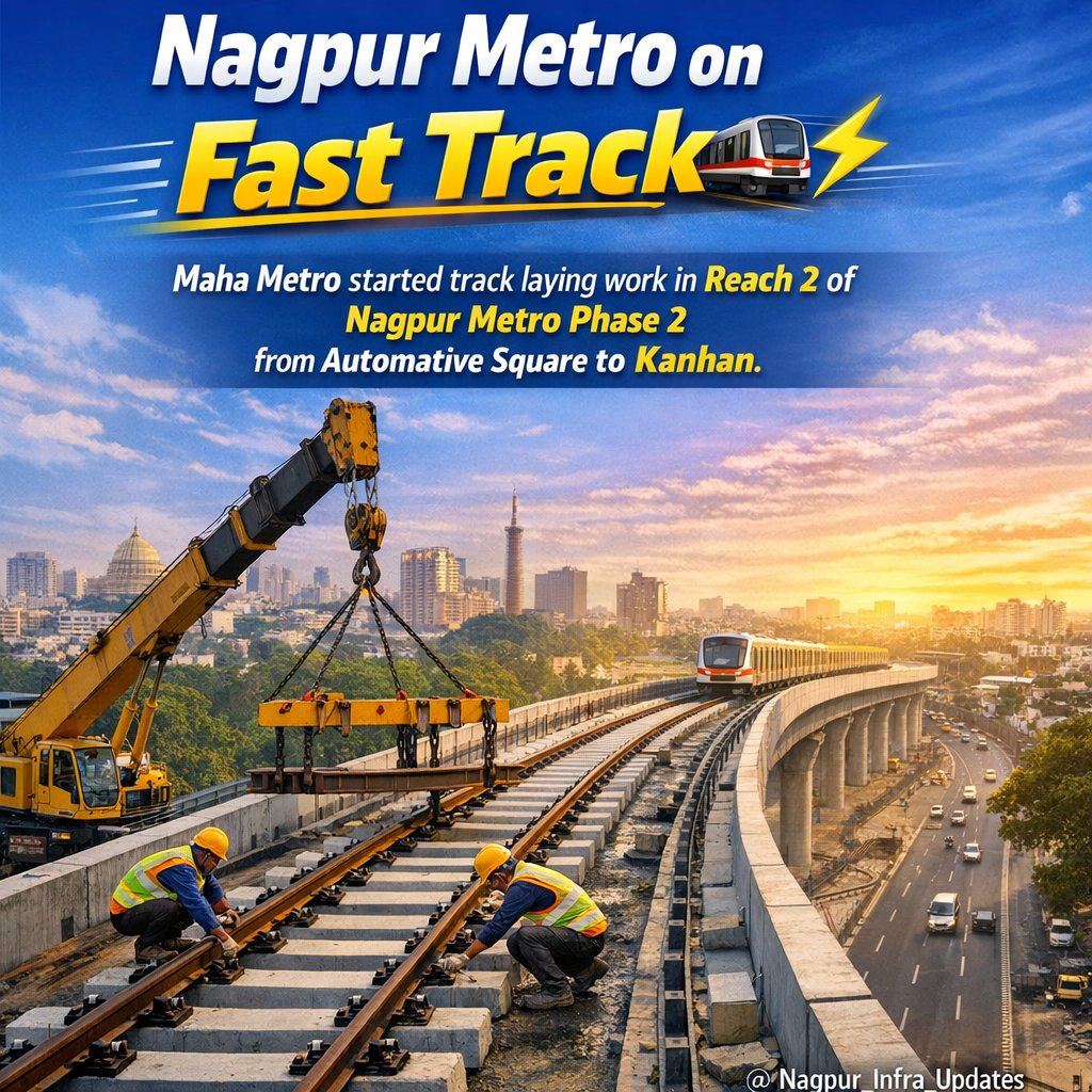 31_nagpur's tweet image. 🚆 Nagpur Metro on Fast Track! ⚡  
Track laying has started in Reach 2 of Phase 2, from Automative Square to Kanhan.  

#NagpurMetro #Phase2 #FastTrack #NagpurUpdates #Infrastructure #MetroUpdate #NagpurCity #UrbanDevelopment #MetroConstruction #MahaMetro