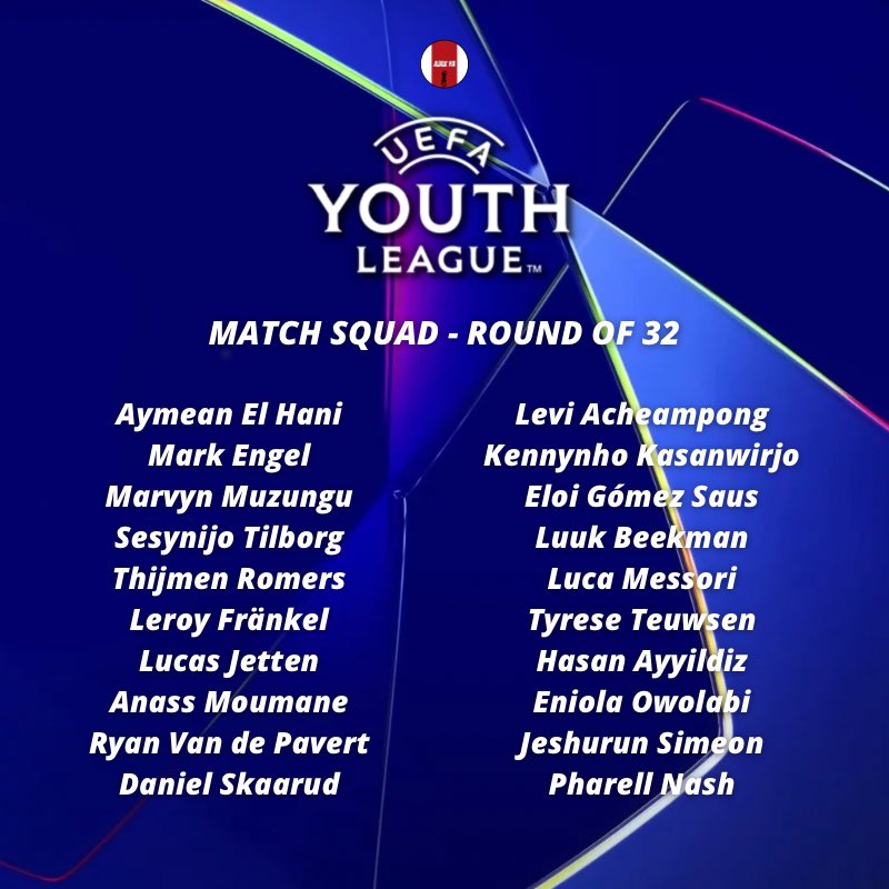 Our U19’s 𝙐𝙀𝙁𝘼 𝙔𝙤𝙪𝙩𝙝 𝙇𝙚𝙖𝙜𝙪𝙚 squad for tomorrow’s match. ✈️🇵🇱

» Including Eloi Gómez &amp; Eniola Owolabi! 👏✅

#AjaxU19 #AjaxYouth