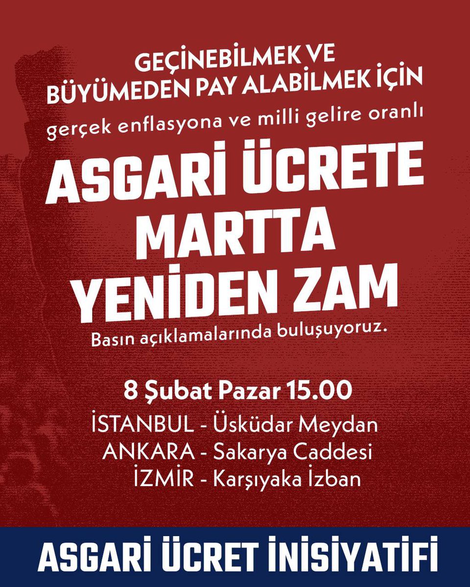 AsgariUcreti's tweet image. ⏩️ Asgari ücrete Mart’ta yeniden zam!

Geçinebilmek ve büyümeden pay alabilmek için, asgari ücrete zam mücadelemiz bitmedi. 

Asgari Ücret İnisiyatifi olarak İstanbul, Ankara ve İzmir’de sefalet ücretine “hayır” demek için basın açıklamasında buluşmaya çağırıyoruz.👇
