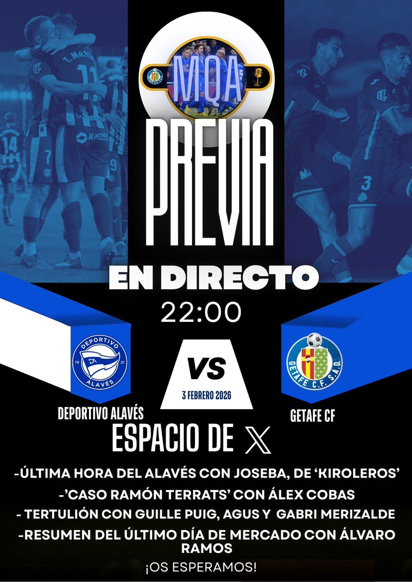 🚨🔵 ESTA NOCHE, desde las 22:00, tenemos PROGRAMÓN EN DIRECTO (space de X):

🔵⚪️ ÚLTIMA HORA del <a href="/Alaves/">Deportivo Alavés</a> con <a href="/Joseba_79/">Joseba</a> 

👀 LA VERDAD del 'Caso Terrats' con <a href="/AlexCobas29/">Alex Cobas</a>

⚖️ DEADLINE DAY con <a href="/AlvaroRamos00/">Álvaro Ramos</a>

🗣️ TERTULIÓN con <a href="/gpuig22/">Guille Puig</a>, <a href="/agusssgtf/">agus</a> y <a href="/Gabri__MG/">𝐆𝐚𝐛𝐫𝐢</a>

¡OS ESPERAMOS! 💙