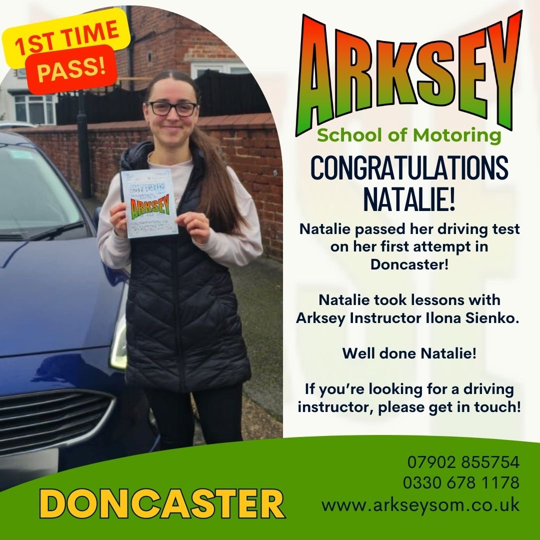 🎉 Congratulations, Natalie! 🎉

Natalie passed her driving test on her FIRST attempt in Doncaster 🚗✨

She took lessons with Arksey instructor Ilona Sienko — a fantastic result and a well-deserved pass! 👏

Well done, Natalie! 🎊