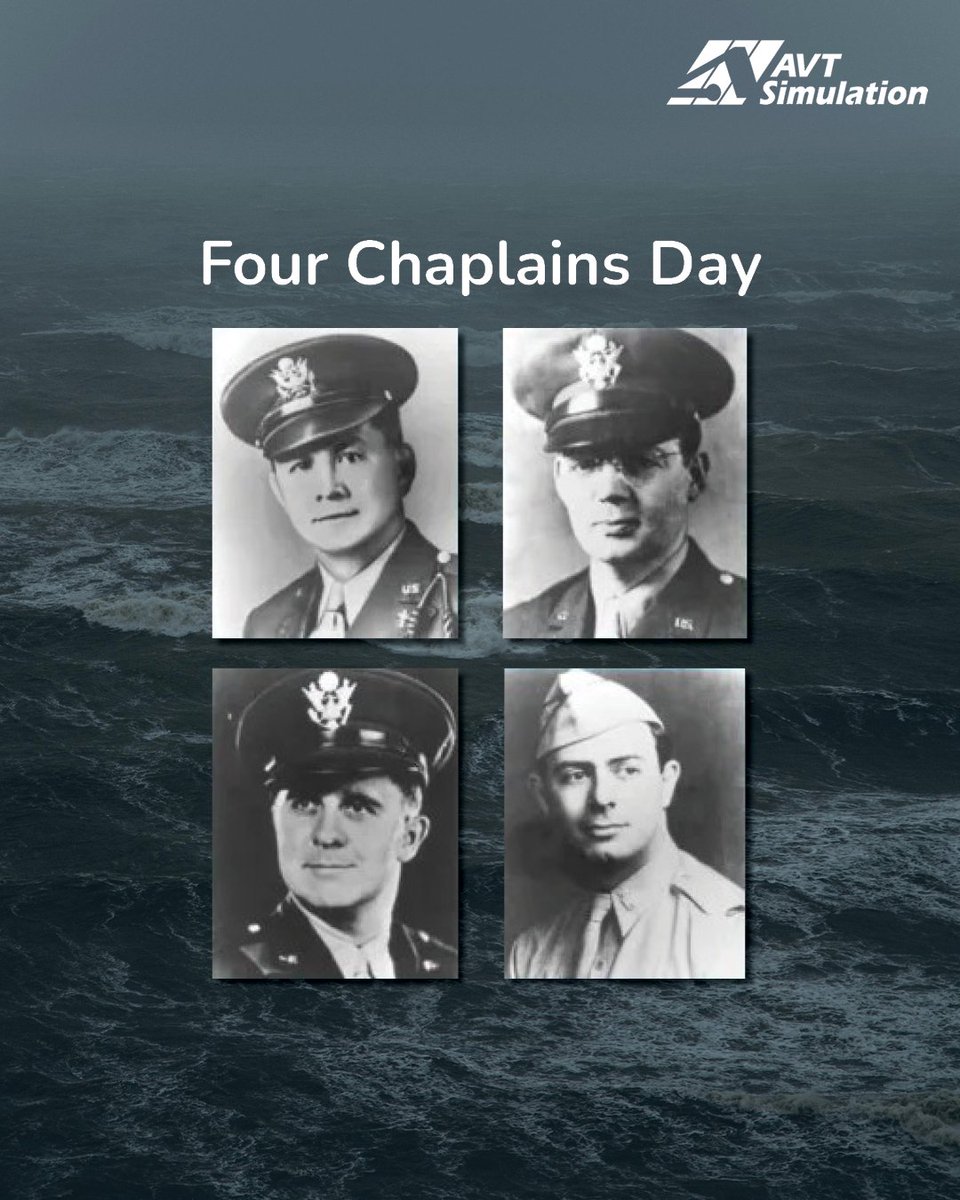 AVTSimulation's tweet photo. Today, we honor the U.S. Army chaplains who sacrificed their lives to save others when their ship was torpedoed. The chaplains included Catholic priest John P. Washington, Methodist minister George L. Fox, Dutch Reformed minister Clark V. Poling, and Rabbi Alexander D. Goode. https://t.co/r2xpFRDrE4