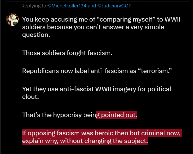 Timefall_Grind's tweet photo. @Michelkoller134 @JudiciaryGOP Applying your logic consistently:

If opposing U.S. law or a democratically elected government is illegitimate, does that also apply to Jan 6, attacking police during election certification, and excusing political violence when it’s convenient? https://t.co/vHyON4jaBt