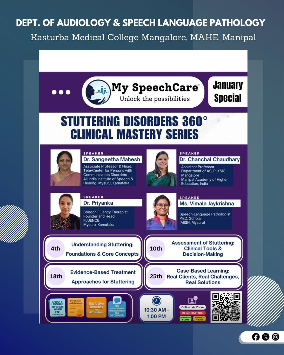 ASLPKMCMLR's tweet photo. We are happy to share that Dr. Chanchal Chaudhary was a Resource Person for the Stuttering Disorders 360 Clinical Mastery Series organized by My SpeechCare. She spoke on Evidence‑Based Treatment Approaches for Stuttering
#Stuttering #KMCMangalore #MAHE https://t.co/p1r0Nw8jpW