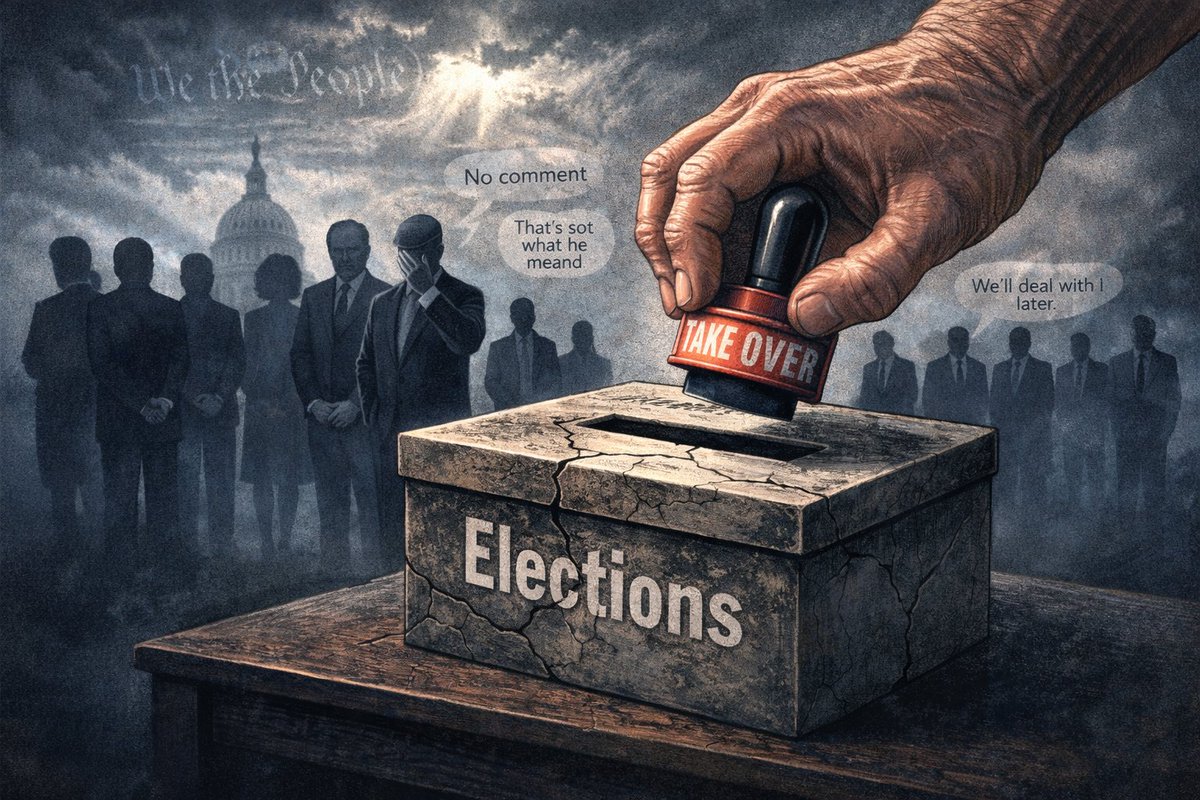 AdamKinzinger's tweet image. Trump just said Republicans should “take over the voting and nationalize it.” That’s authoritarianism, full stop. The silence from elected Republicans is cowardice—and it’s dangerous heading into November. (link in reply)