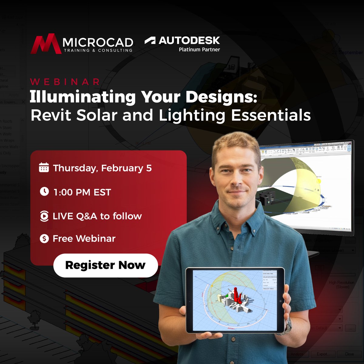 MicroCAD3d's tweet photo. Revit Solar and Lighting Essentials ✨

Discover how Revit’s solar and daylighting tools can help you make smarter design decisions. 
Learn to run studies, read results, and apply insights that improve both performance and aesthetics. 

✅ Register now: https://t.co/Rj1DCXGrzV https://t.co/fZbQJlA98K