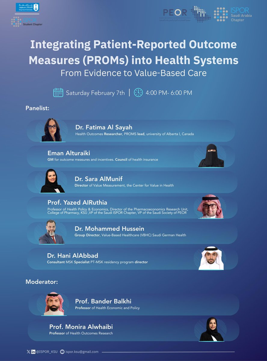 ISPOR_KSU's tweet photo. ISPOR KSU | PROMs & Value-Based Care
An expert workshop convening international experts and senior healthcare leaders to explore the evolving role of PROMs in health system decision-making.
#ISPOR_KSU
#ISPOR_Student https://t.co/W9vv3NCeX0