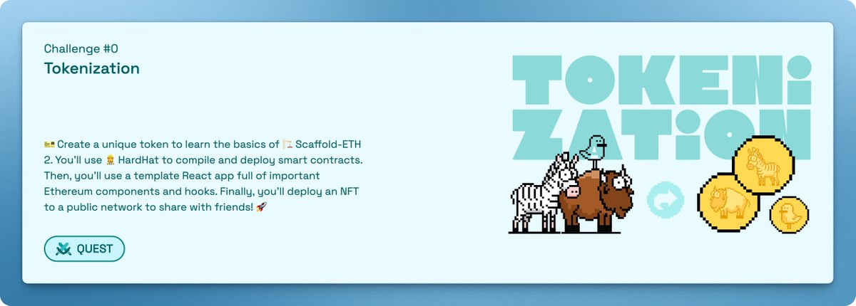 buidlguidl's tweet photo. 🔦 Challenge Spotlight: Tokenization

🎫 Create a unique token to learn the basics of Scaffold-ETH 2.
- compile and deploy smart contracts
- ship the NFT to a public network
- share with friends

Link in second tweet https://t.co/Lf9M0rn0gH
