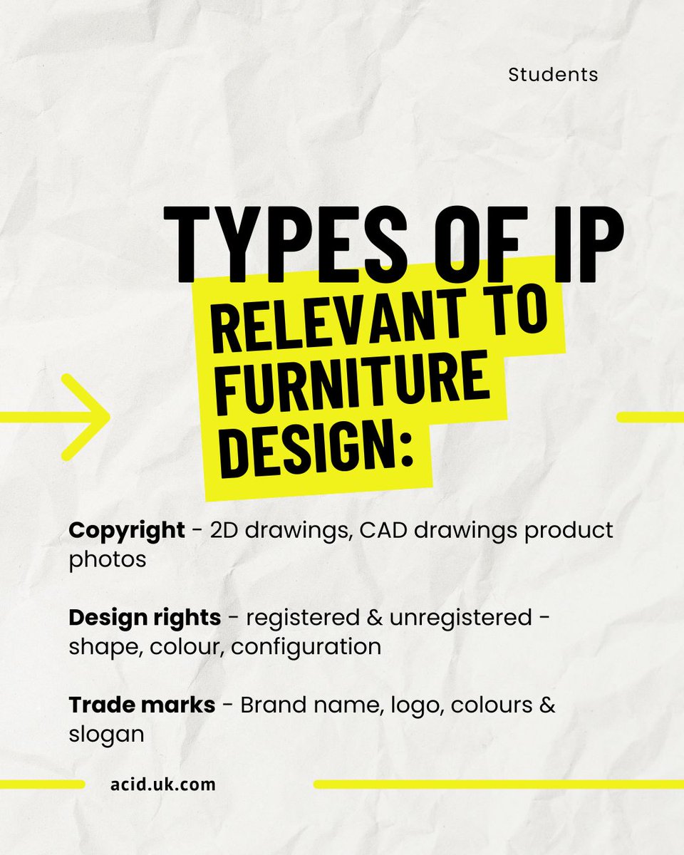 ACID_tweets's tweet image. Furniture design students: your ideas, drawings &amp;amp; forms are IP from day one.
Learn what IP you need, and how to protect your work before sharing it.

Visit ACID’s Student Membership page 👉 acid.uk.com/membership/stu…

 #IntellectualProperty #FurnitureDesign #DesignStudents