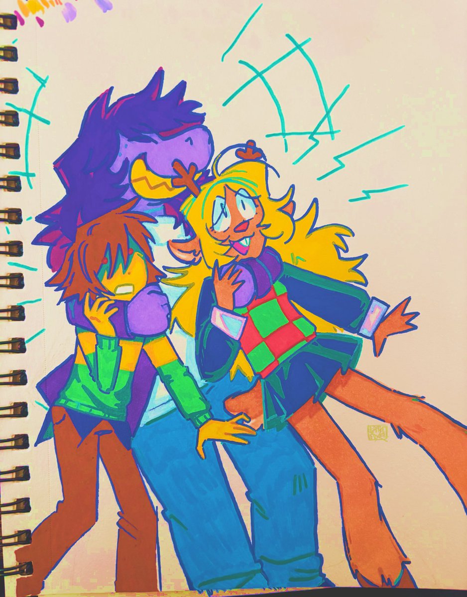 PepPixel's tweet photo. (1/2) 
Some deltarune art!! Featuring mostly Kris and Susie but also! 1 pic w Noelle as well… cuz I find the awkward dynamic of all 3 of them getting close but Susie having no clue about Kris and Noelle’s baggage funny,,
#deltarune https://t.co/qCPvmlFnnD