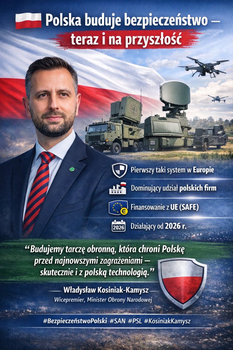 🛡️ Pierwszy taki system w Europie – SAN to innowacyjne rozwiązanie obronne, dostosowane do współczesnych zagrożeń.

Dominujący udział polskich firm – polskie przedsiębiorstwa z PGZ i partnerzy rozwijają technologię, która chroni nasz kraj.  

Brawo <a href="/KosiniakKamysz/">Władysław Kosiniak-Kamysz</a>  🍀🇵🇱