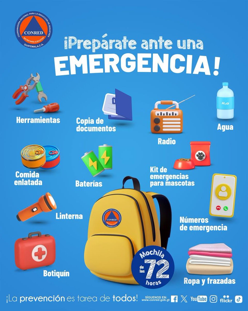 ConredGuatemala's tweet photo. Ten lista tu mochila 🎒 de las 72 horas para estar preparado ante cualquier emergencia 🚨 https://t.co/jgSGpVf8c3