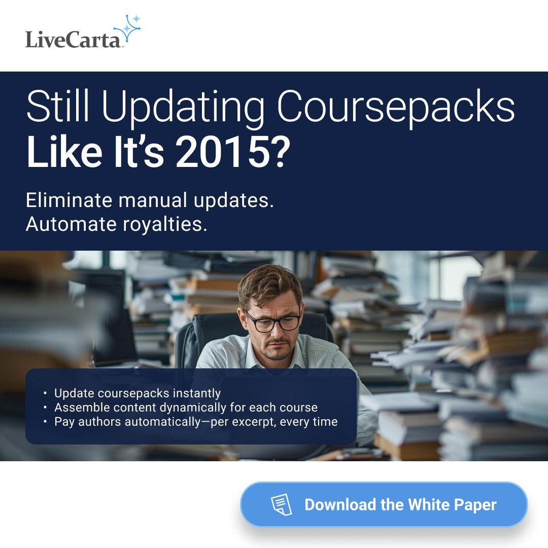 _livecarta's tweet photo. Outdated materials? Rights chaos? ICCs &amp; CDRs fix it.
Dynamically assemble coursepacks. Update instantly. Pay authors automatically.
Turn publishing pain into recurring revenue.
🔗 See how: https://t.co/MF3bgCQo9k 
#PublishingTransformation #PrivateIntelligence https://t.co/6L4Y4pzUgq