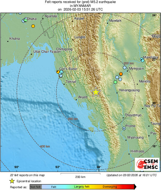 LastQuake's tweet photo. #Earthquake 75 mi E of #Akyab (#Myanmar) 10 min ago (local time 22:21:30). Colored dots represent local shaking & damage level reported by eyeswitnesses. Share your experience via:
📱https://t.co/QMSpuj6Z2H
🌐https://t.co/OAiMxnQmn2 https://t.co/n5EBEXGyCT