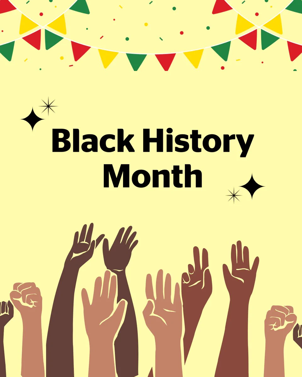 [Image description: A variety of hands of different shades of brown on a pale-yellow background. The text reads: Black History Month.]