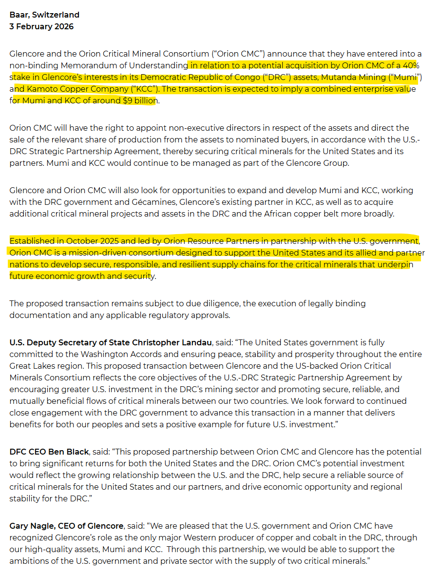 JavierBlas's tweet image. BREAKING: Glencore agrees to sell 40% stake on its two African copper and cobalt businesses to a US government-backed group as Washington continues to seek more control over critical minerals. The deal values the 100% of the mines at $9 billion, including debt. $GLEN