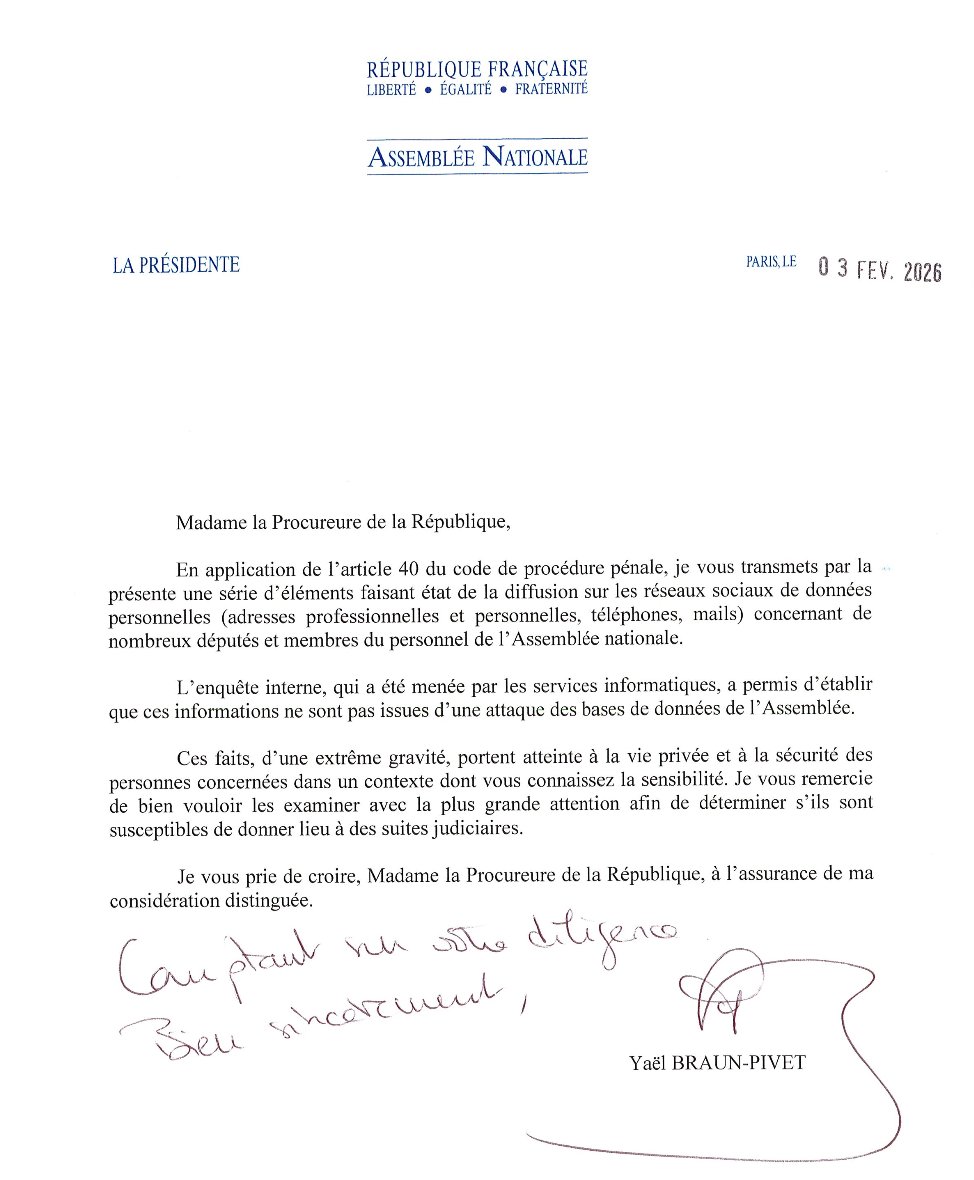 YaelBRAUNPIVET's tweet image. La diffusion de données personnelles concernant des députés et des agents de l’Assemblée nationale est d’une extrême gravité.

J’ai immédiatement saisi la Procureure de la République et effectué un signalement auprès de Pharos afin que ces faits soient examinés et que les…