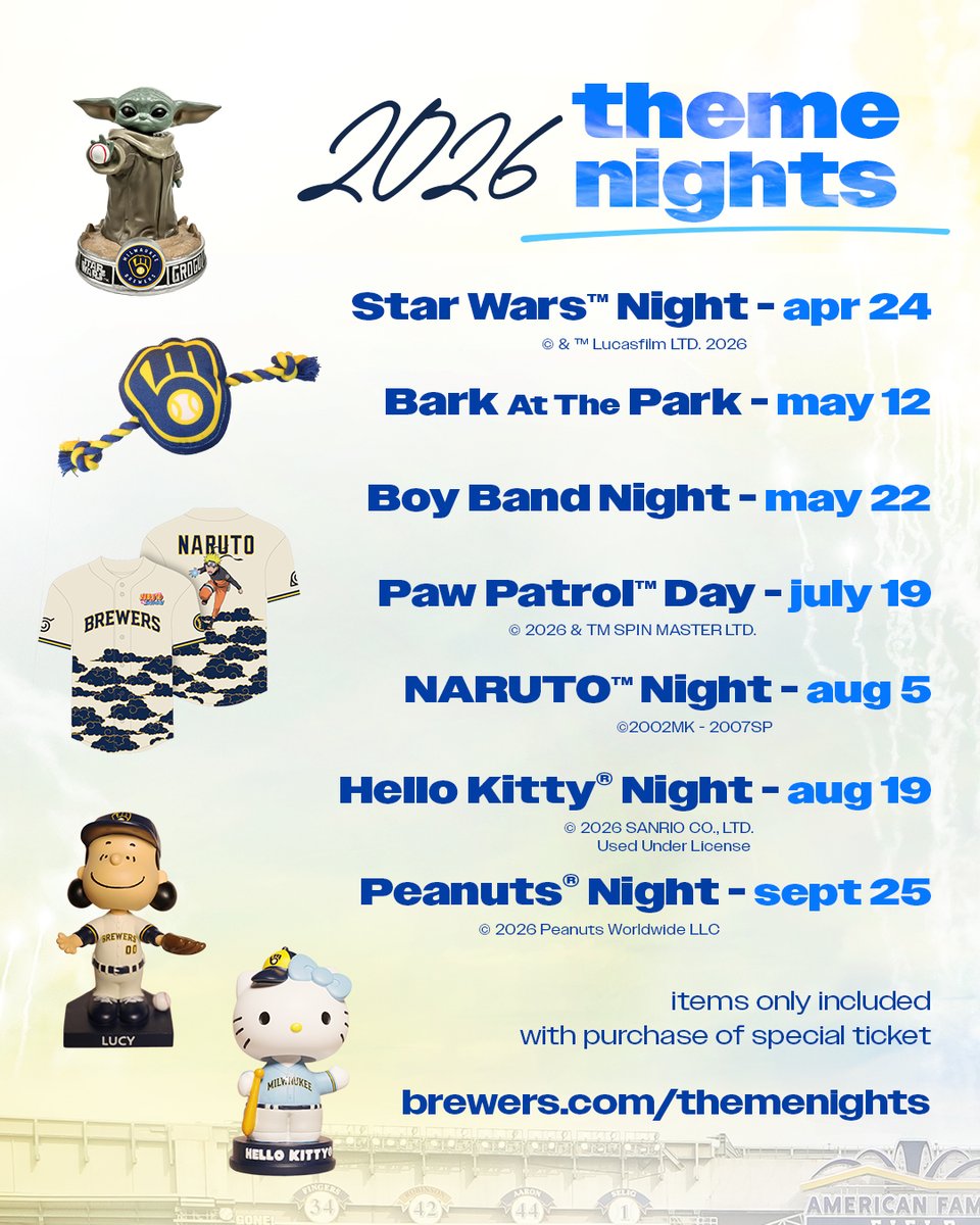 Brewers's tweet image. A legendary Theme Nights lineup is on the way in 2026 ‼️

Each night features a one-of-a-kind item with purchase of a special Theme Night ticket

→ brewers.com/themenights