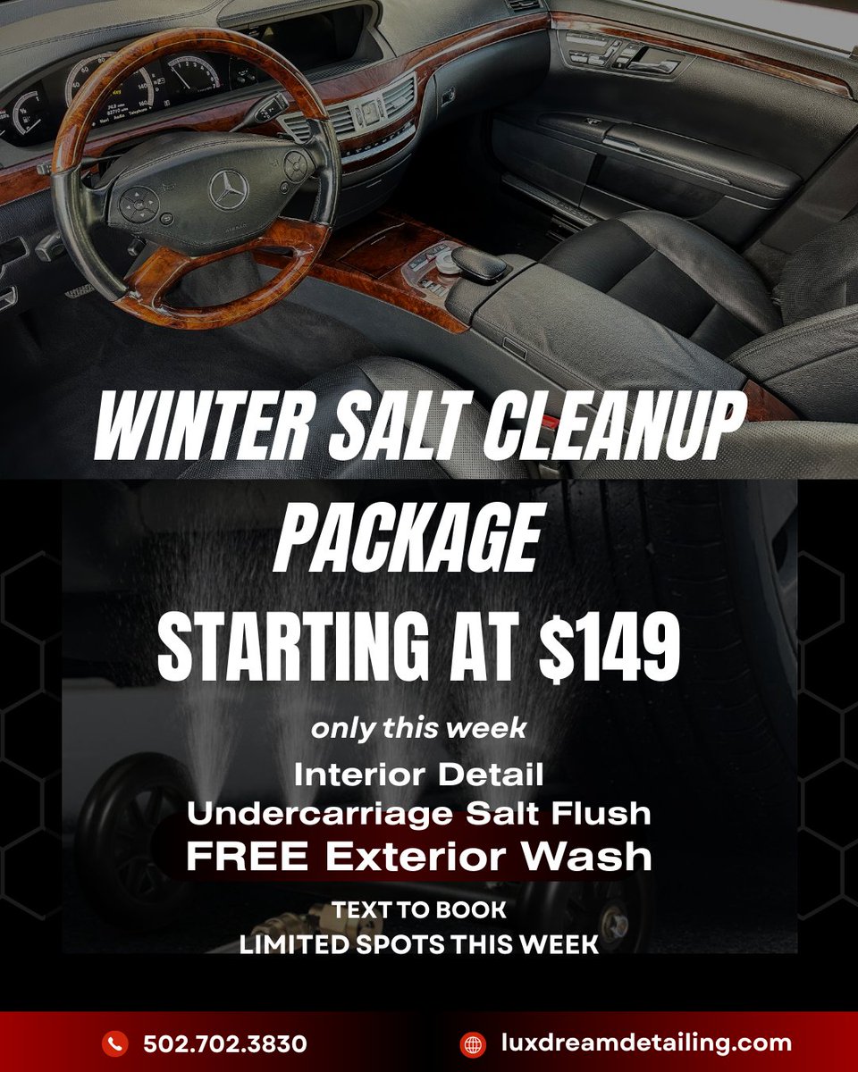 ramonr67's tweet photo. Road salt is destroying cars right now ❄️🧂
Don’t wait until rust starts.
✅ Undercarriage Salt Flush
✅ Full Interior Detail
✅ FREE Exterior Wash
🔥 Starting at $149 this week only
💬 Comment WINTER CLEANUP to book https://t.co/EeNT4996Sr