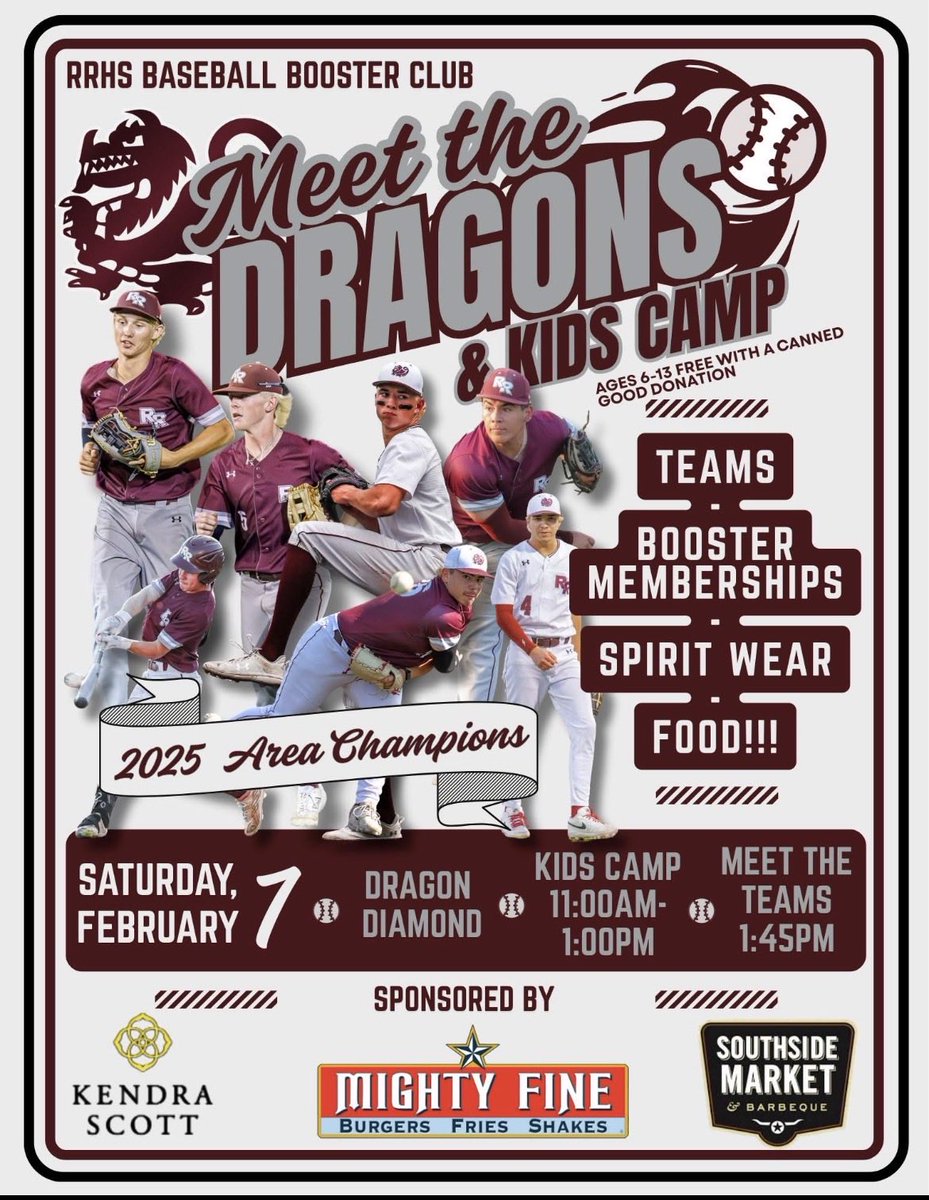 Rockhardball's tweet photo. Meet the Dragons and Kids Camp will be Saturday, February 7th. Kids camp is free with a canned good donation for anyone ages 6-13. We will have food and introduce the 2026 teams at 1:45pm. Mark your calendars to come out to Dragon Diamond! https://t.co/uwvVbtBGH5