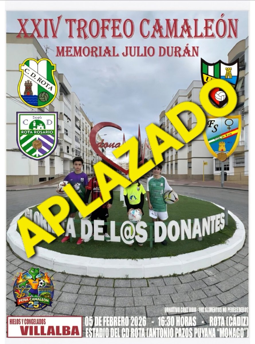 CamaleonRota's tweet photo. Desde #CamaleonRota comunicamos el aplazamiento, debido a las adversas condiciones meteorológicas previstas para este próximo jueves, del XXIV Trofeo Camaleón Memorial Julio Durán.

En próximas días decidiremos sobre nueva fecha para llevarlo a cabo o su suspensión definitiva. https://t.co/7erifoVp4e