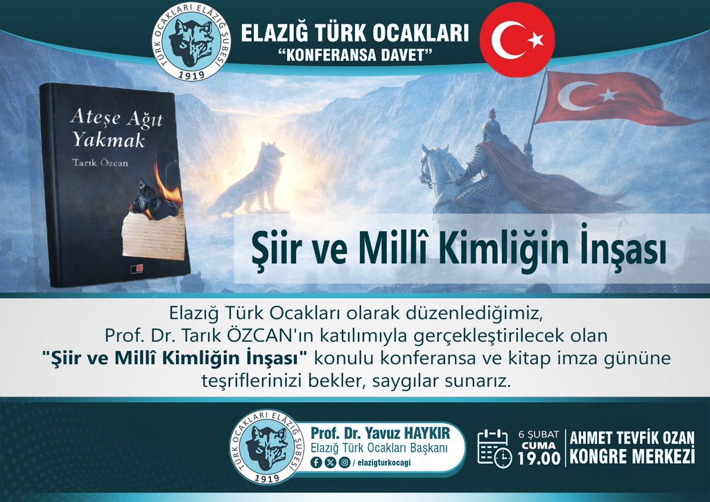 Konferans ve İmza Gününe Davet…

Elazığ Türk Ocakları olarak düzenlediğimiz, Prof. Dr. Tarık ÖZCAN’ın katılımıyla gerçekleştirilecek olan “Şiir ve Milli Kimliğin İnşası” konulu konferansa ve kitap imza gününe teşriflerinizi bekler, saygılar sunarız. <a href="/turkocaklari/">Türk Ocakları 🇹🇷</a> <a href="/Mehmetoztarih/">Mehmet Öz</a>