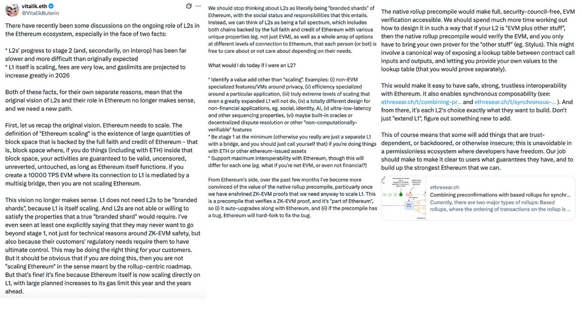DegenerateNews's tweet image. BREAKING: @VitalikButerin DECLARES "THE ORIGINAL VISION OF L2S AND THEIR ROLE IN ETHEREUM NO LONGER MAKES SENSE, AND WE NEED A NEW PATH"