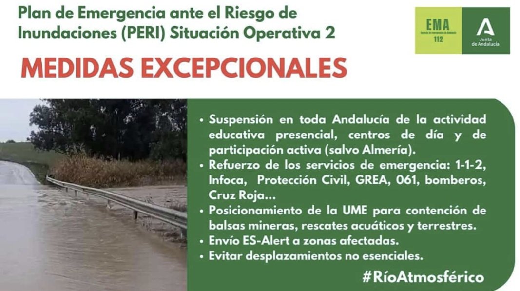 ⚠️ MEDIDAS EXCEPCIONALES. PLAN DE EMERGENCIA ANTE RIESGO DE INUNDACIONES #ANDALUCÍA. <a href="/AndaluciaJunta/">Junta de Andalucía</a> <a href="/AEMET_Andalucia/">AEMET_Andalucía</a>