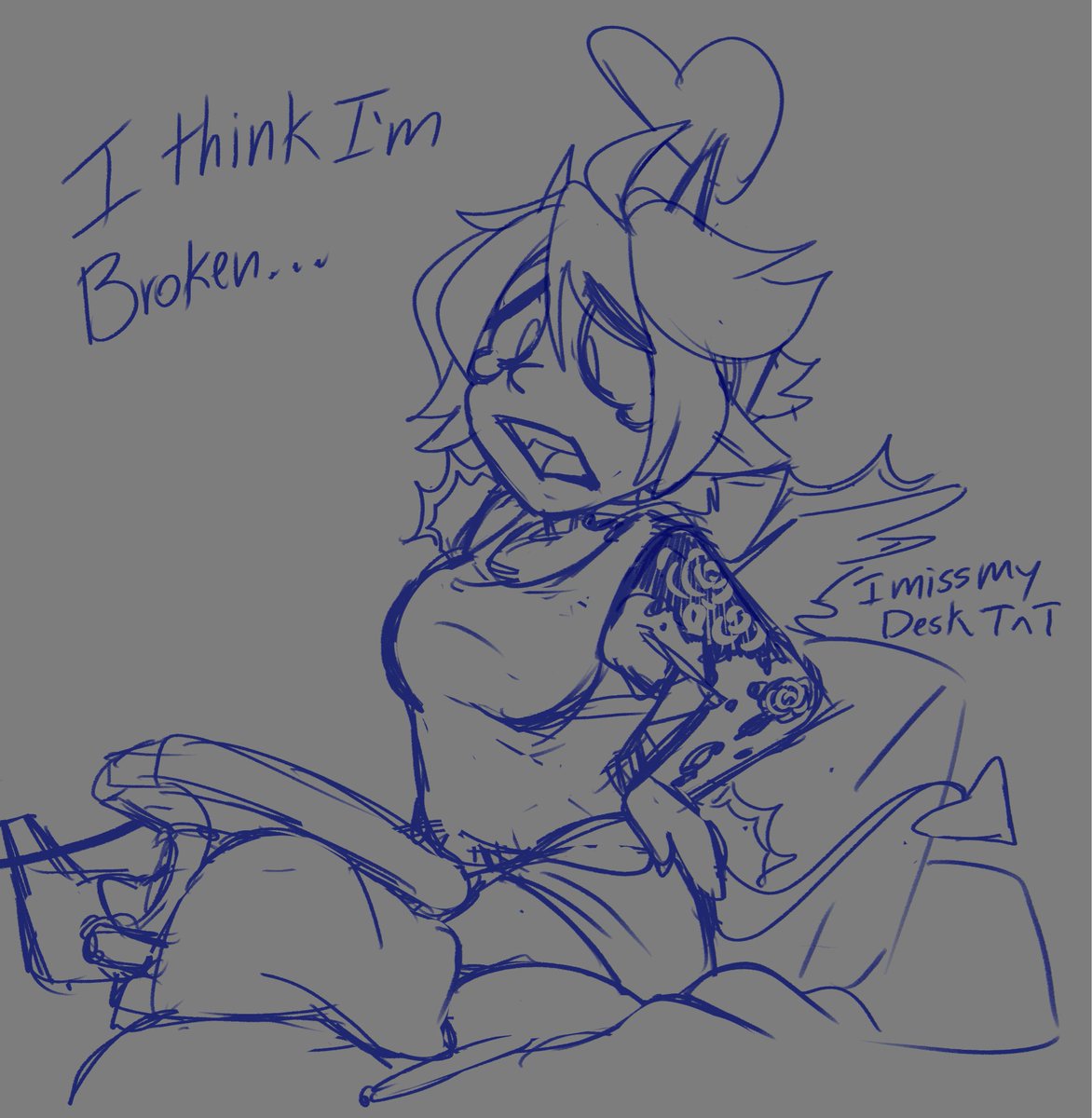 InkyLynnVT's tweet photo. A silly to follow up the vents. In all honesty I’m okay. Emotions are rough and I don’t process them well sometimes. The art helps

My desk broke on the way to my cousins so I have a new one but not enough room for a chair. Using my bed instead and pillows to prop up my tablet… https://t.co/tPbWl0PyMl