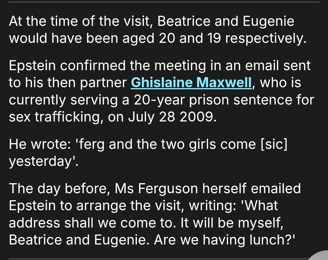 NSome1ne's tweet image. The 2 sister princesses, #Eugenie &amp;amp; #Beatrice, aren't that innocent; they were 19 and 20 years old when #SarahFerguson took them to meet Epstein in 2009.

After reading (almost 3 years ago), the sisters had lunch with #PiersMorgan and saw a pic of Eugenie hugging him. I was...