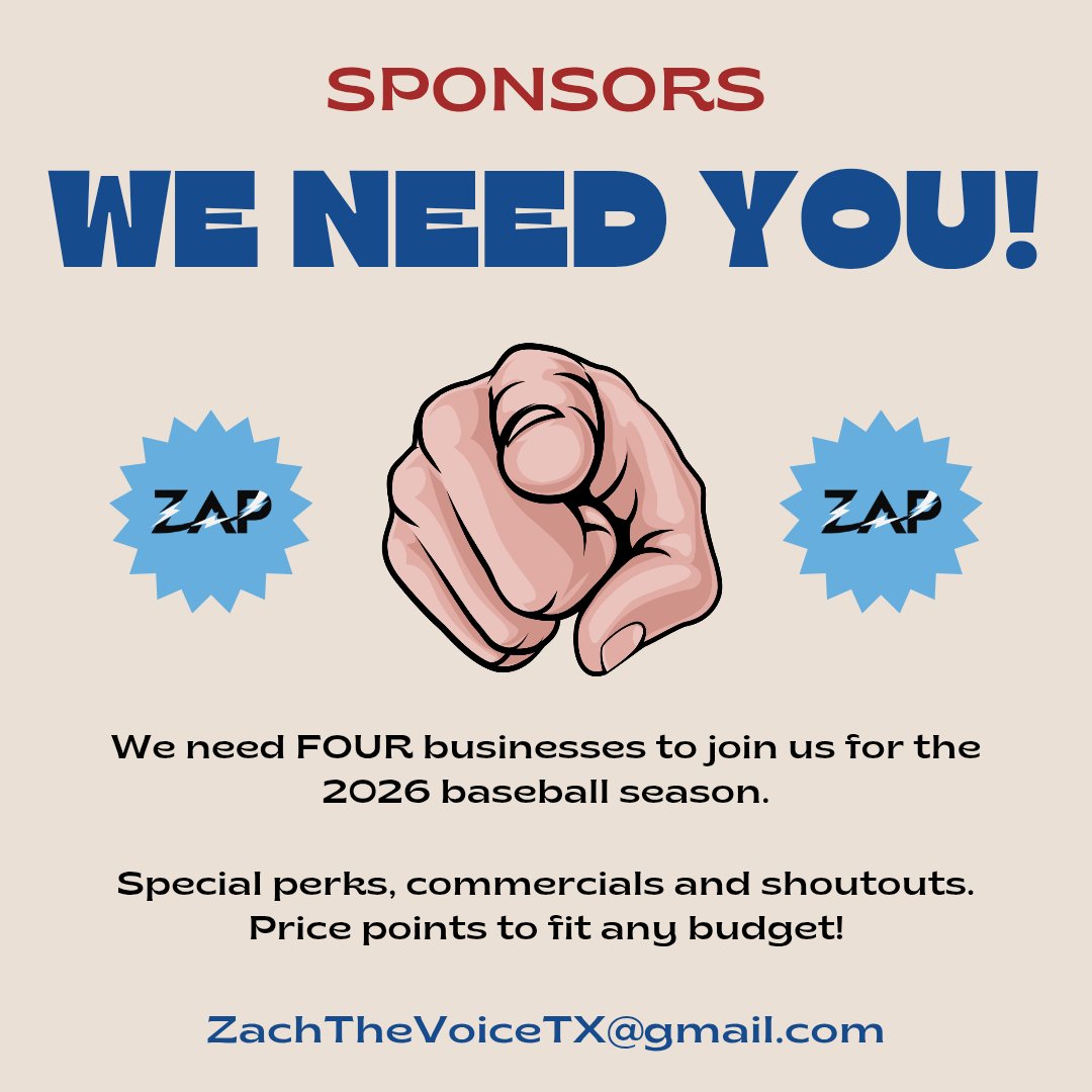 Baseball season starts soon, and ZAP needs help!

We're looking for FOUR businesses/etsy shops/organizations to help us make our budget for the season. 

Pricing starts as low as $200 for the whole season of 50ish games ($4/game).

Reach out here or send me an email 🙏