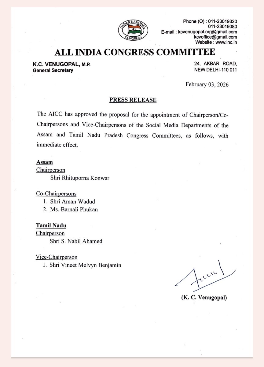 Congress : 

தமிழக காங்.ஊடக தலைவர் &amp; துணை தலைவர் நியமனம்!

தமிழக காங்கிரஸ் கமிட்டின் ஊடக குழு தலைவராக நபில் அகமது &amp; துணை தலைவராக வினீத் மெல்வின்  பெஞ்சமின் ஆகியோரை காங்.தேசிய பொதுச்செயலாளர் கே.சி வேணுகோபால் நியமனம் செய்துள்ளார். 

Appointment Copy 👇