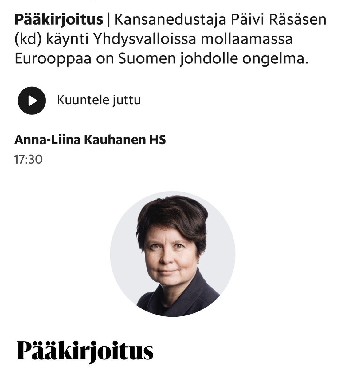 Pääkirjoituksessa virheitä. Minua ei syytetä uskonrauhan rikkomisesta. Oikeusprosessi ei ole ohi. Valtakunnansyyttäjä valitti korkeimpaan oikeuteen. Kuuleminen oli lokakuussa ja odotan korkeimman oikeuden päätöstä. Olen edelleen syytetty. Eikö HS ole huolestunut sananvapaudesta?