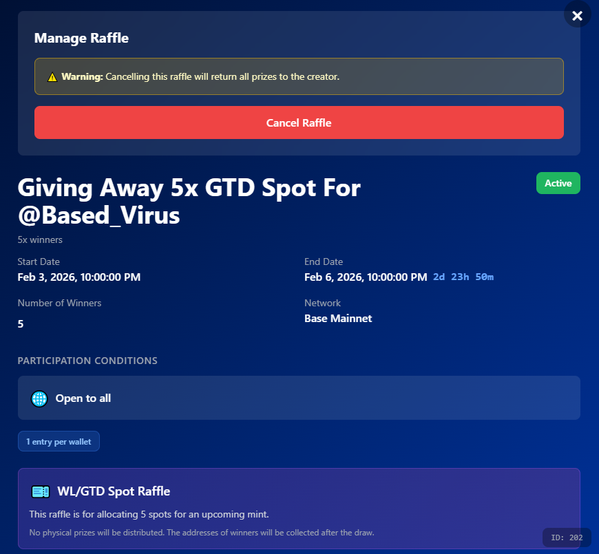 Raffle is LIVE via <a href="/Based_Games_/">Based Games</a> 

Reward: 5 × GTD Spots🎁
Raffle Link: basedgames.app/raffles

Fully on-chain raffles on <a href="/base/">Base</a>🔵
Huge thanks to <a href="/0x_Quickosss/">Quickosss 🏴‍☠️</a> 🫶

Good luck everyone.