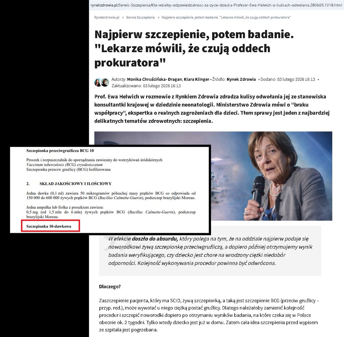 To nie jest żart:

Ministerstwo Zdrowia nagle odwołuje konsultantkę krajową w dziedzinie neonatologii po tym, jak prof. Helwich jedynie nieśmiało zauważyła, że chyba trochę głupio jest najpierw podawać noworodkowi szczepionkę przeciw gruźlicy, a dopiero potem sprawdzać, czy u
