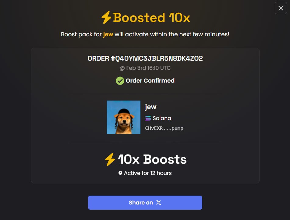 First Boost, 10x Boosted! ⚡️ $JEW

More to come - Ads next? 

jews are growing!

CHvEXRKEDcChPSDTGNQJWhcDPYx8aY3QejNGys26pump