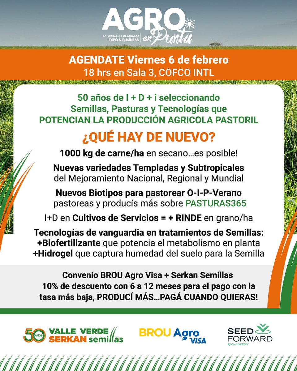 SerkanSemillas's tweet image. Pasa por nuestro stand en @agroenpunta pegado al del @BROU_uy a conversar con el equipo y asesorarte en nuevas Variedades, Tecnologías y reservar tus semillas con la mejor financiación 🤝 

Agendate MUCHA INNOVACIÓN el viernes 18 hrs en Sala 3! 

Tenemos entradas disponibles…