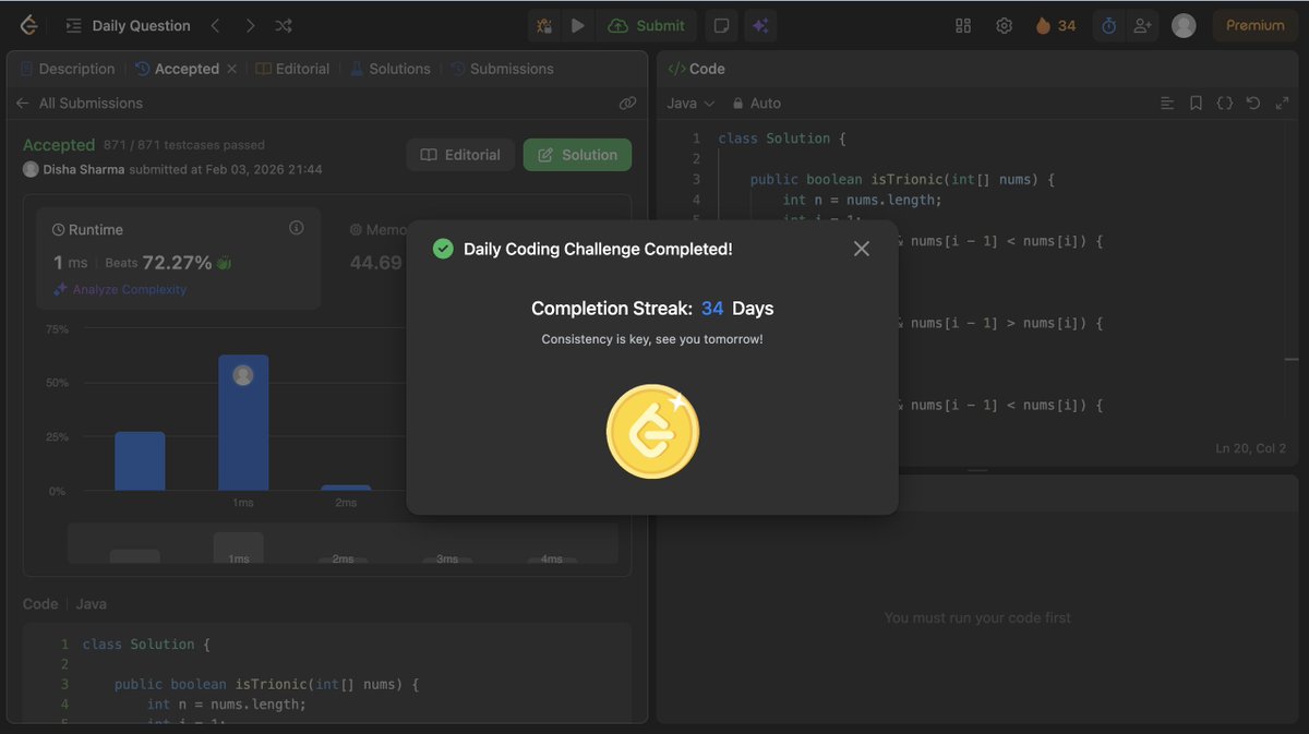 dsharma_14's tweet photo. 📅 Day 34

Patterns matter more than implementation here.
Once the structure is clear, the solution follows.

Solved LeetCode POTD:
Trionic Array I (3637)

#LeetCode #DSA #DailyCoding https://t.co/WJ5UUGbrgp