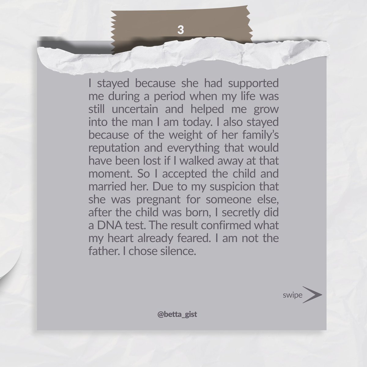 iam_betta's tweet photo. I stayed because she had supported me during a period when my life was still uncertain and helped me grow into the man I am today. I also stayed because of the weight of her family's reputation and everything that would have been lost if I walked away at that moment. So I accepted the child and married her. Due to my suspicion that she was pregnant for someone else, after the child was born, I secretly did a DNA test. The result confirmed what my heart already feared. I am not the father. I chose silence.