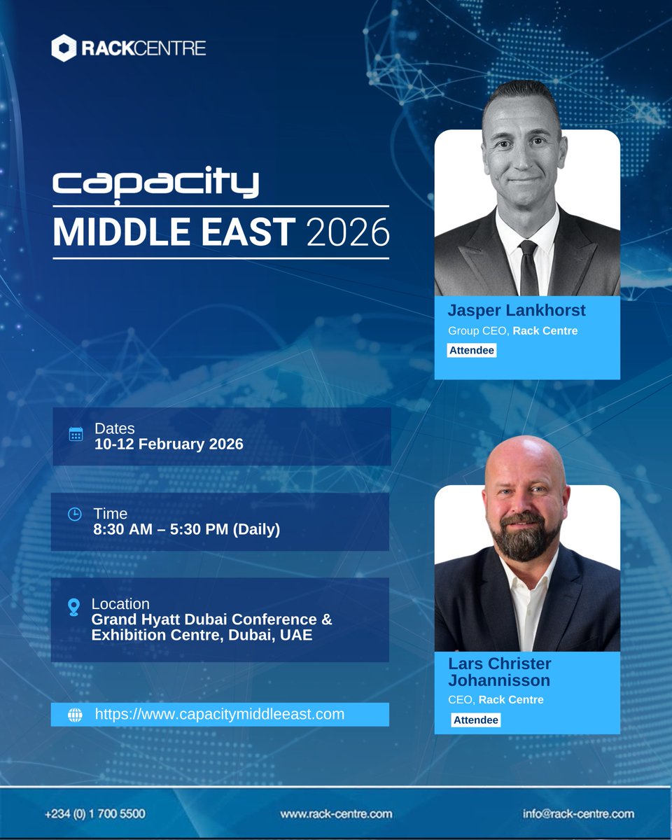 RackCentre's tweet photo. “Global infrastructure conversations shape the future of digital ecosystems.

We’re heading to Capacity Middle East 2026 to do what we do best: enable a more connected future.

This February, the Rack Centre team will be in Dubai, engaging with global telcos, cloud providers, https://t.co/TUiMA6LWMm
