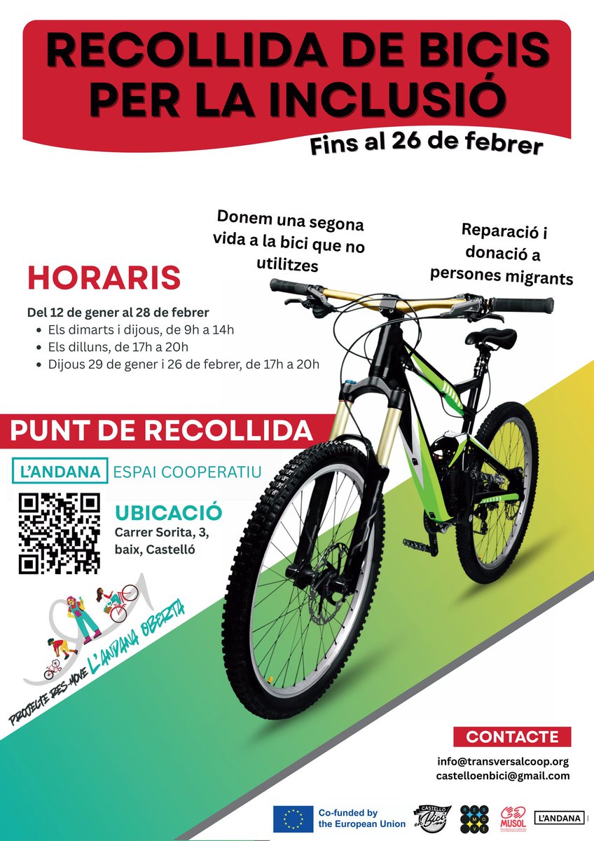 📍Tens una bici que no utilitzes❓️ Vols donar-li una segona vida i fer-la arribar a algú que la necessita❓️ Si ens la portes nosaltres ho farem possible‼️
📍@Castelloenbici  i Transversal CoopV estem recollint bicicletes a l'Andana-Espai Cooperatiu.