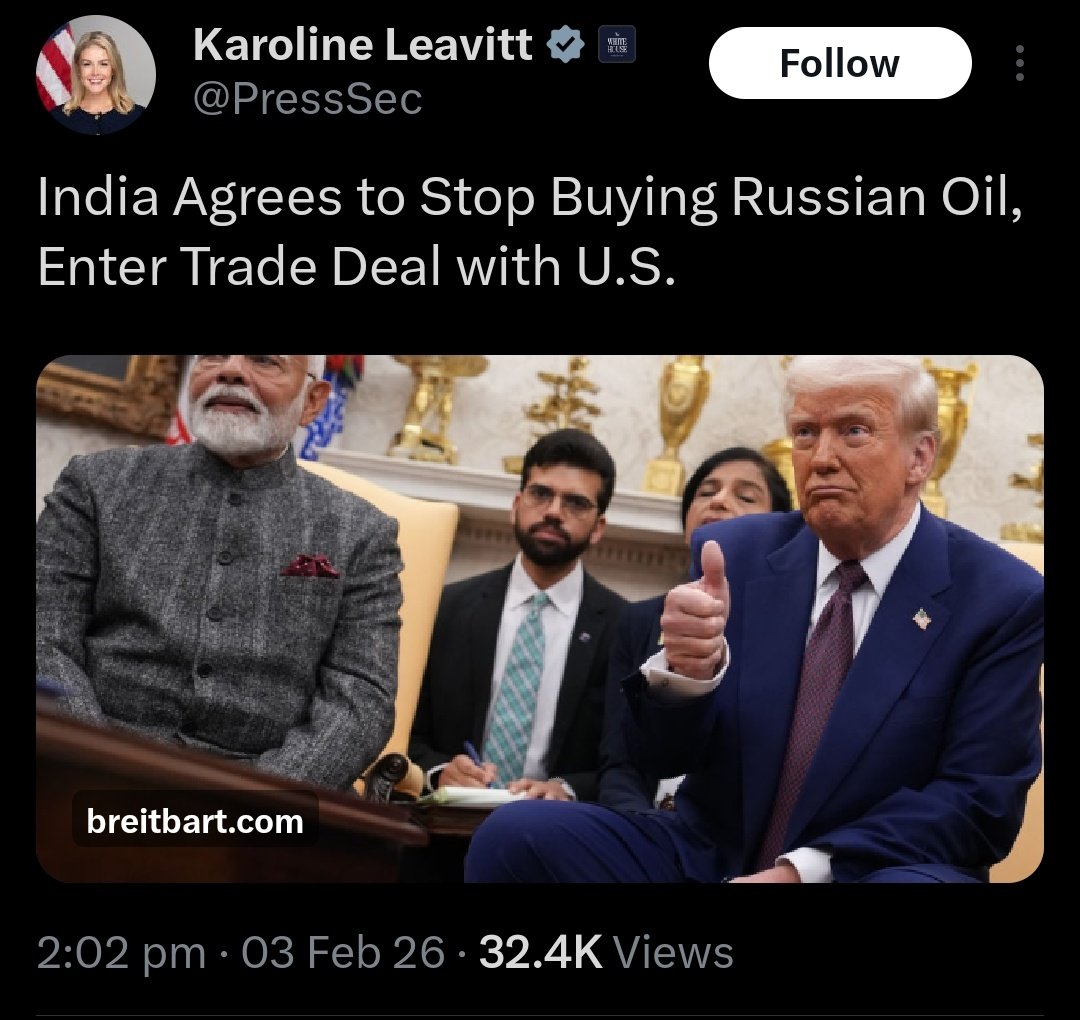 White House Spox Claims India Has Agreed to 'stop' buying Russian Oil, a day after Trump's claim.

PS: India has made no such comments so far, Russia has said it hasn't heard anything from Delhi on it
