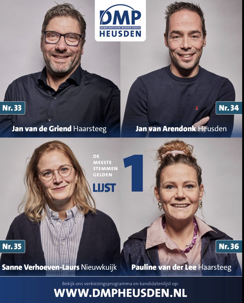 3️⃣6️⃣ Pauline van der Lee uit Haarsteeg

3️⃣5️⃣ Sanne Verhoeven-Laurs uit Nieuwkuijk

3️⃣4️⃣ Jan van Arendonk uit Heusden 

3️⃣2️⃣ Jan van de Griend uit Haarsteeg 

➡️ Meer weten over onze kandidaten ? Neem dan een kijkje op de website: dmpheusden.nl/kandidatenlijst