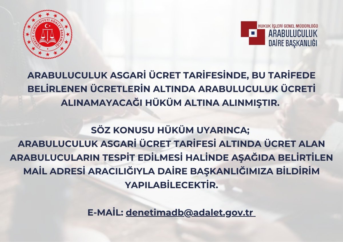 Arabuluculuk Asgari Ücret Tarifesinde, bu tarifede belirlenen ücretlerin altında arabuluculuk ücreti alınamayacağı hüküm altına alınmıştır.
Daire Başkanlığımıza bildirimde bulunmak için; denetimadb@adalet.gov.tr adresine mail atabilirsiniz.