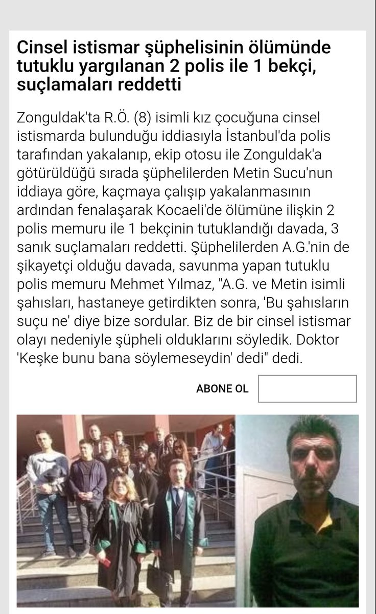Zonguldak 2 ve 8 yaşındaki kız çocuklarını istismar eden ve birinin ölümüne sebep olan iki tane şehir eşkiyasının sevki sırasında yaşanan ve şüphelilerden birinin ölümü ile sonuçlanan olayda meslektaşlarımız ağır cezalara maruz kalmışlardır. Adalet için 👇
#4PoliseÖzgürlük