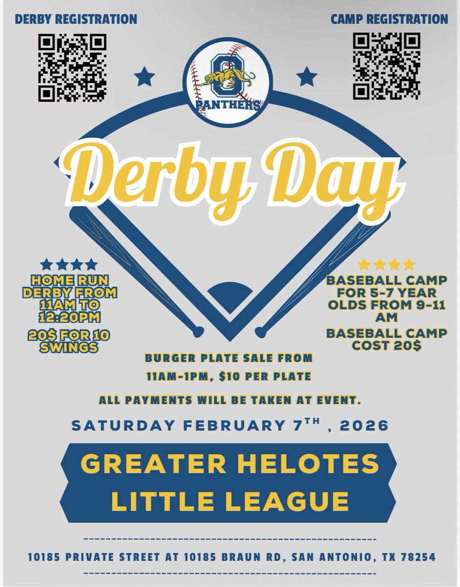 ⚾️💙💛 Come support O’Connor Baseball this Saturday at Derby Day! Home Run Derby + baseball camp + burger plates 🍔🐾
📍 Greater Helotes Little League
🗓️ Sat, Feb 7
#PantherPride #OConnorBaseball #GoPanthers